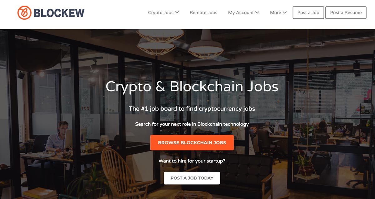 The landing page of the crypto job board, blockew