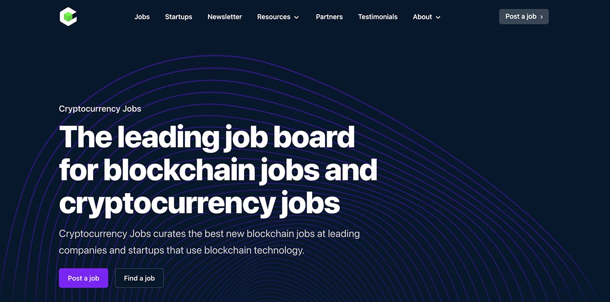 The landing page of the crypto job board, cryptocurrency jobs
