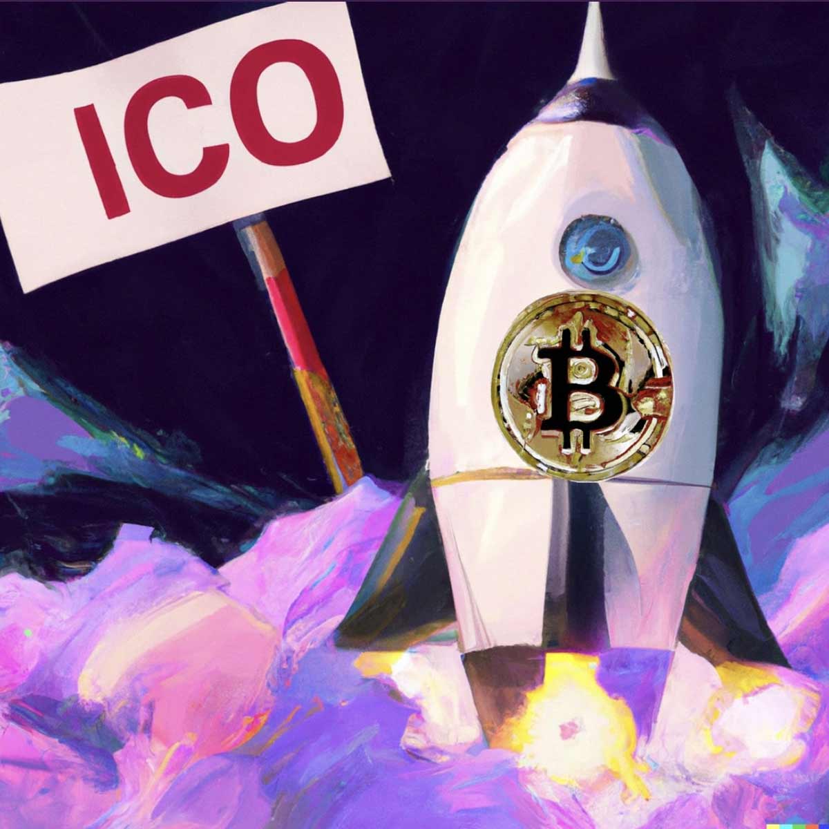 A rocket with a bitcoin logo and a sign that reads ICO
