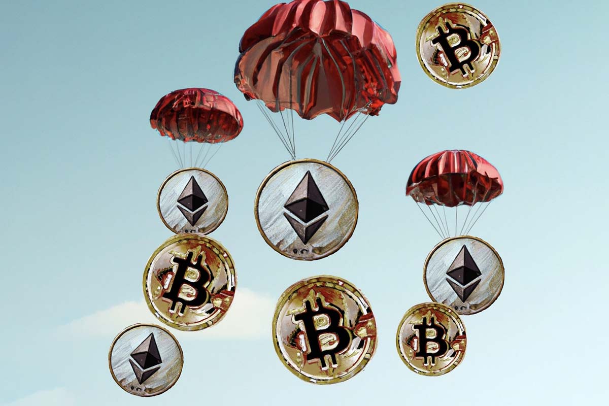 A representation of airdrops. A hyper realistic painting of bitcoins and Ethereum tokens falling from the sky in parachutes. 