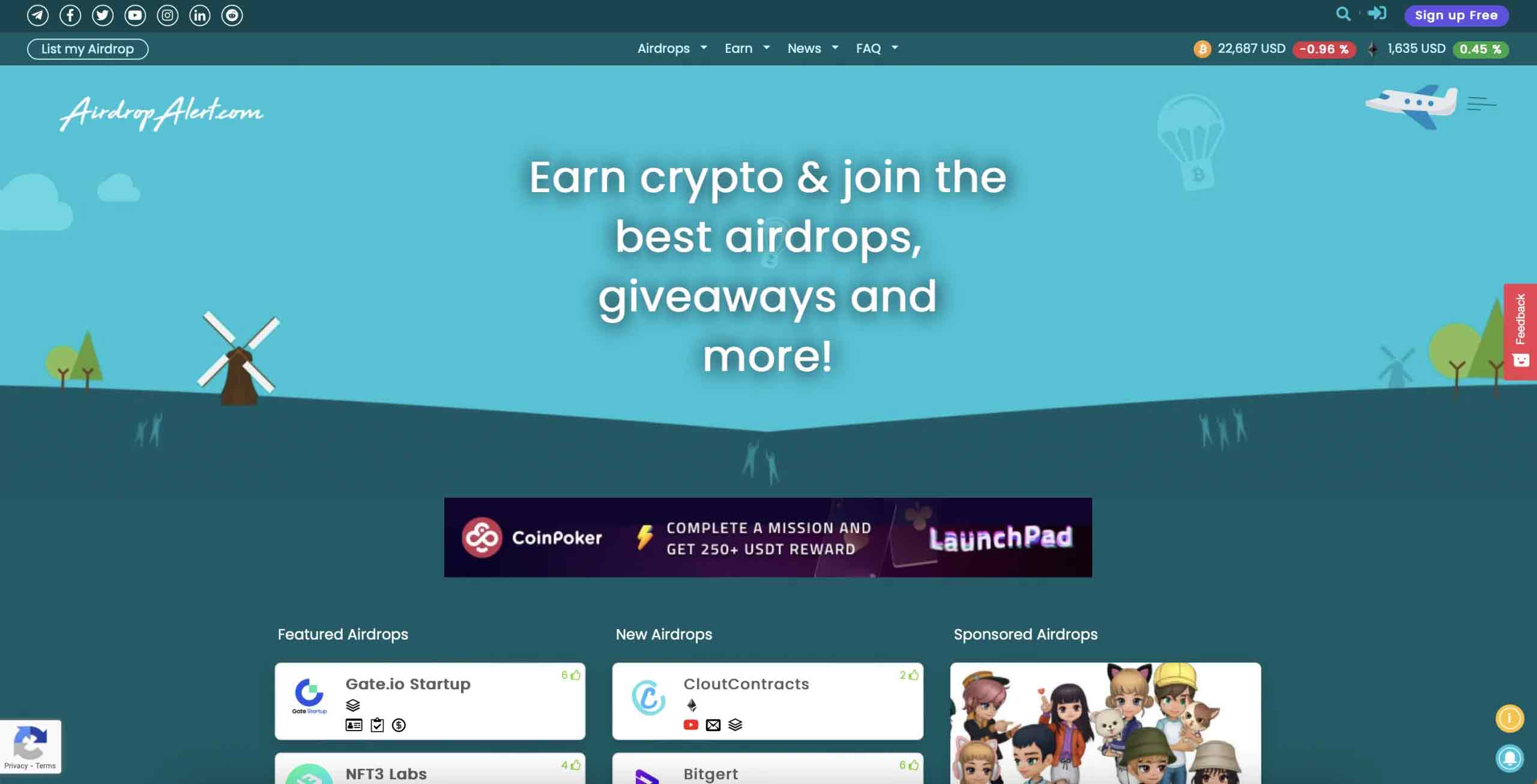 The landing page of a crypto airdrops website. 