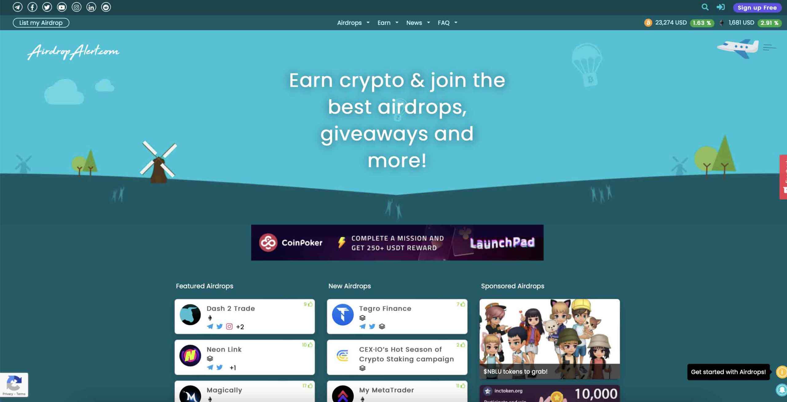 Airdrop Alert: The dashboard of a crypto airdrops platform.