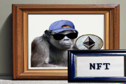 A painting of an ape in sunglasses and a cap in framed potrait alongside a framed image that spells NFT near an Ethereum Token
