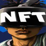 An illustration of a person wearing a VR headset with the letter NFT written on it