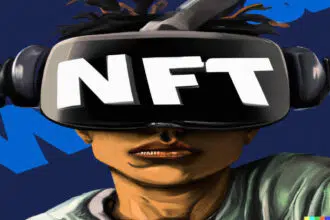 An illustration of a person wearing a VR headset with the letter NFT written on it