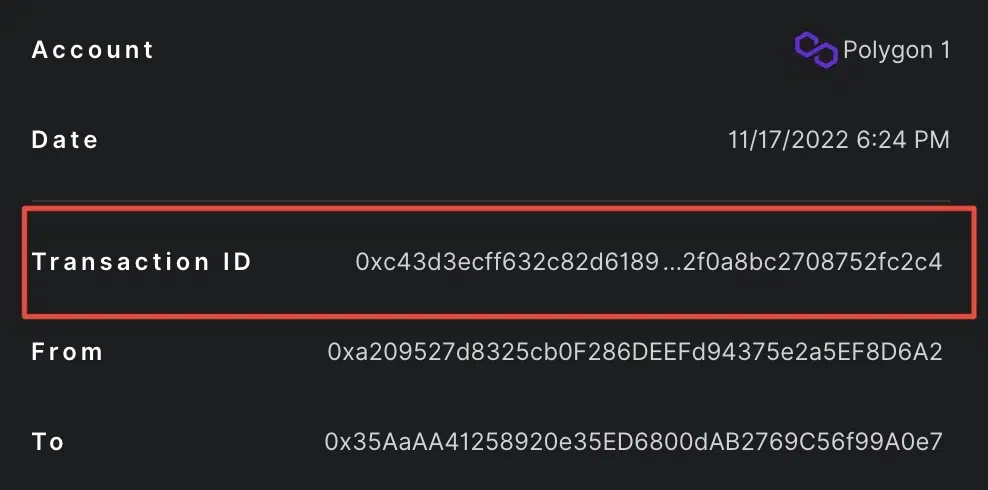 Transaction ID from a crypto wallet