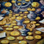 A hyper realistic painting of a bitcoin and a coin with a dollar sign being exchanged in the art style of Vincent Van Gough