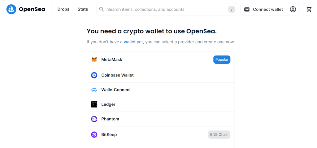 The landing page of the OpenSea marketplace to trade NFTs