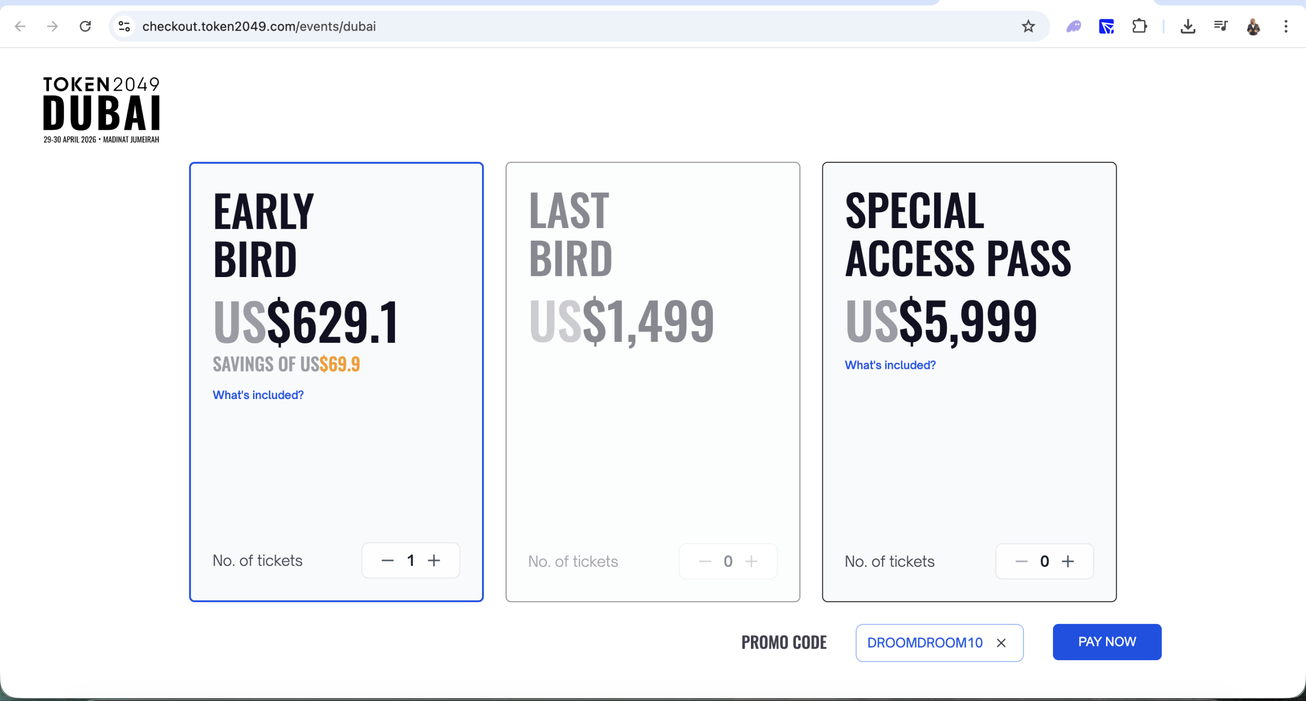 TOKEN2049 Checkout Page with promo code: DROOMDROOM10 added. Get 10% discount, verified top deal for tickets.