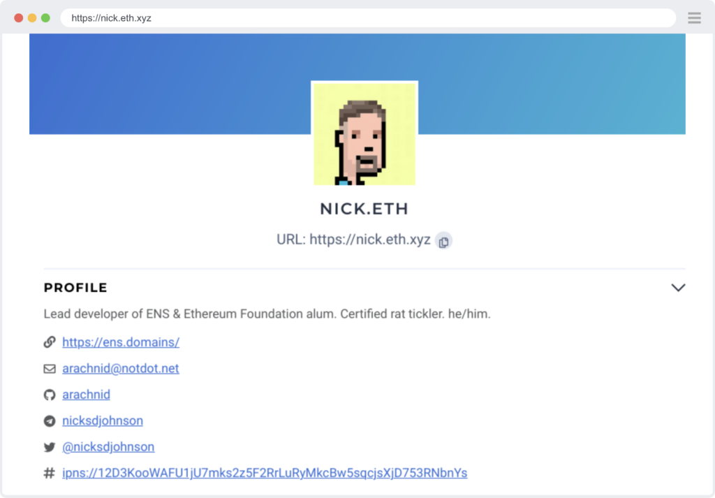 Web3 identity profile on Ethereum Name Service (ENS).