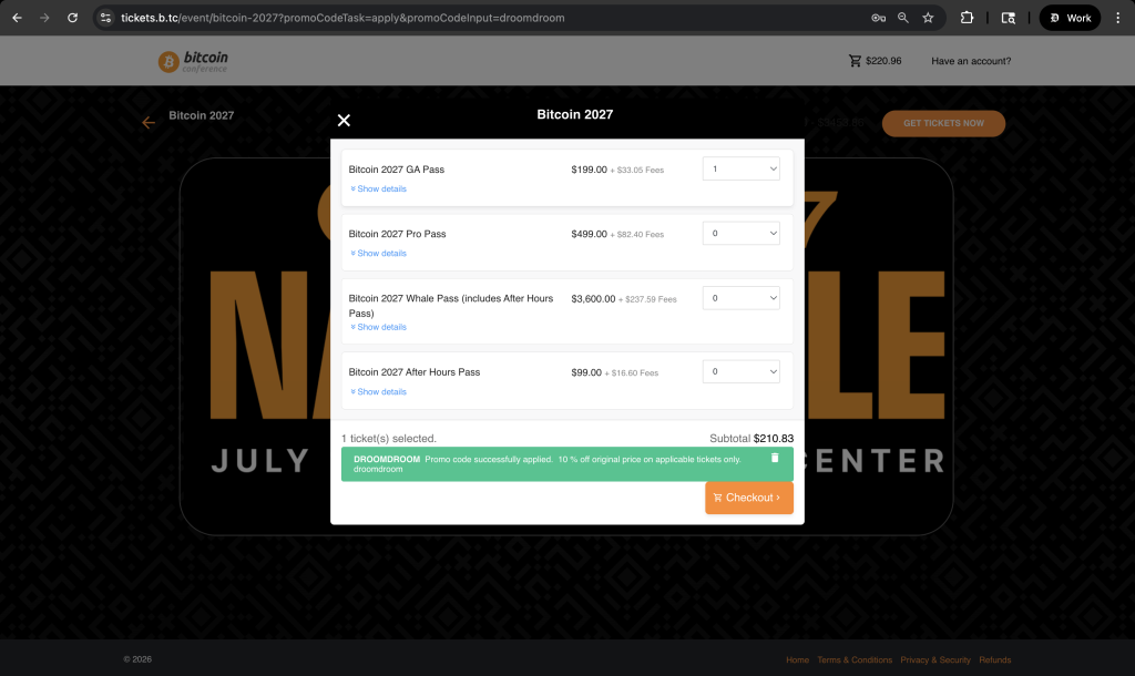 Bitcoin2027 Nashville Promo Code: DROOMDROOM [TOP DEAL]